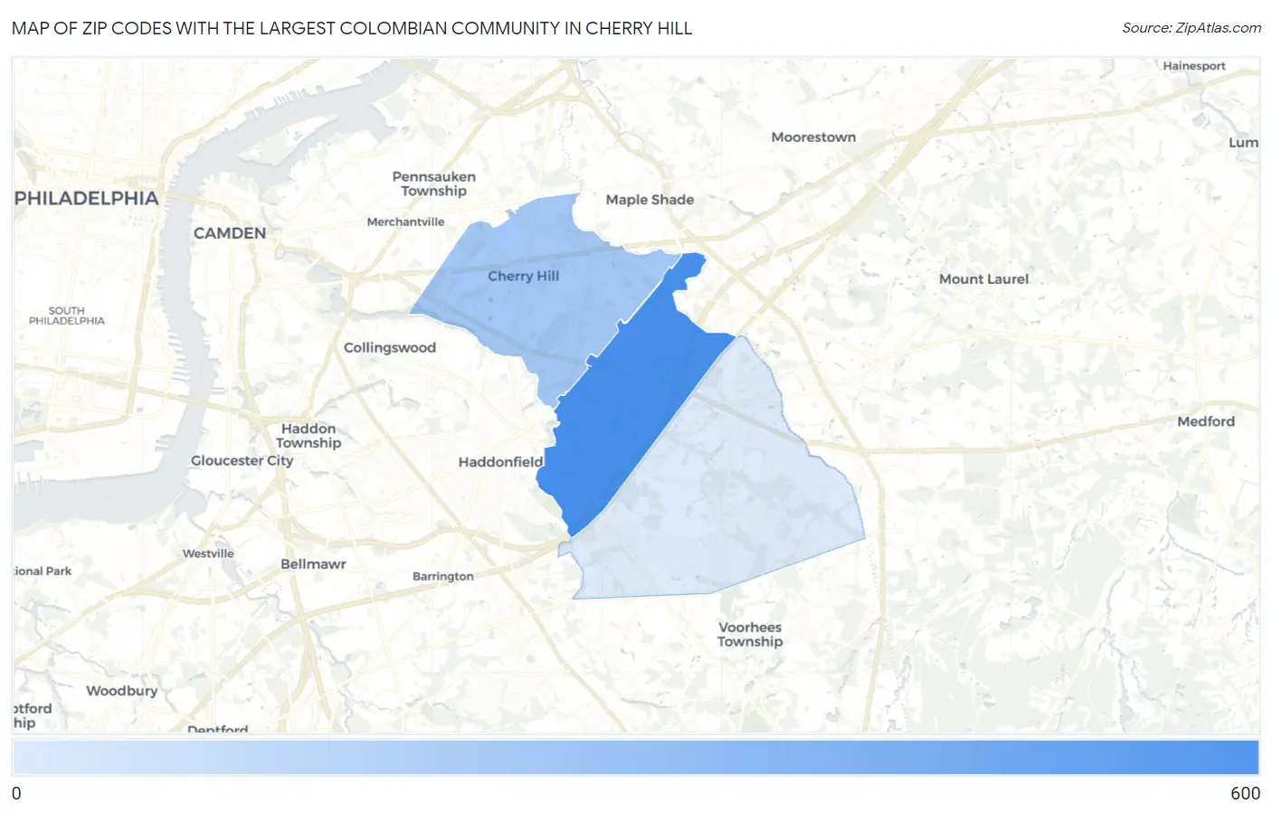 Zip Codes with the Largest Colombian Community in Cherry Hill Map