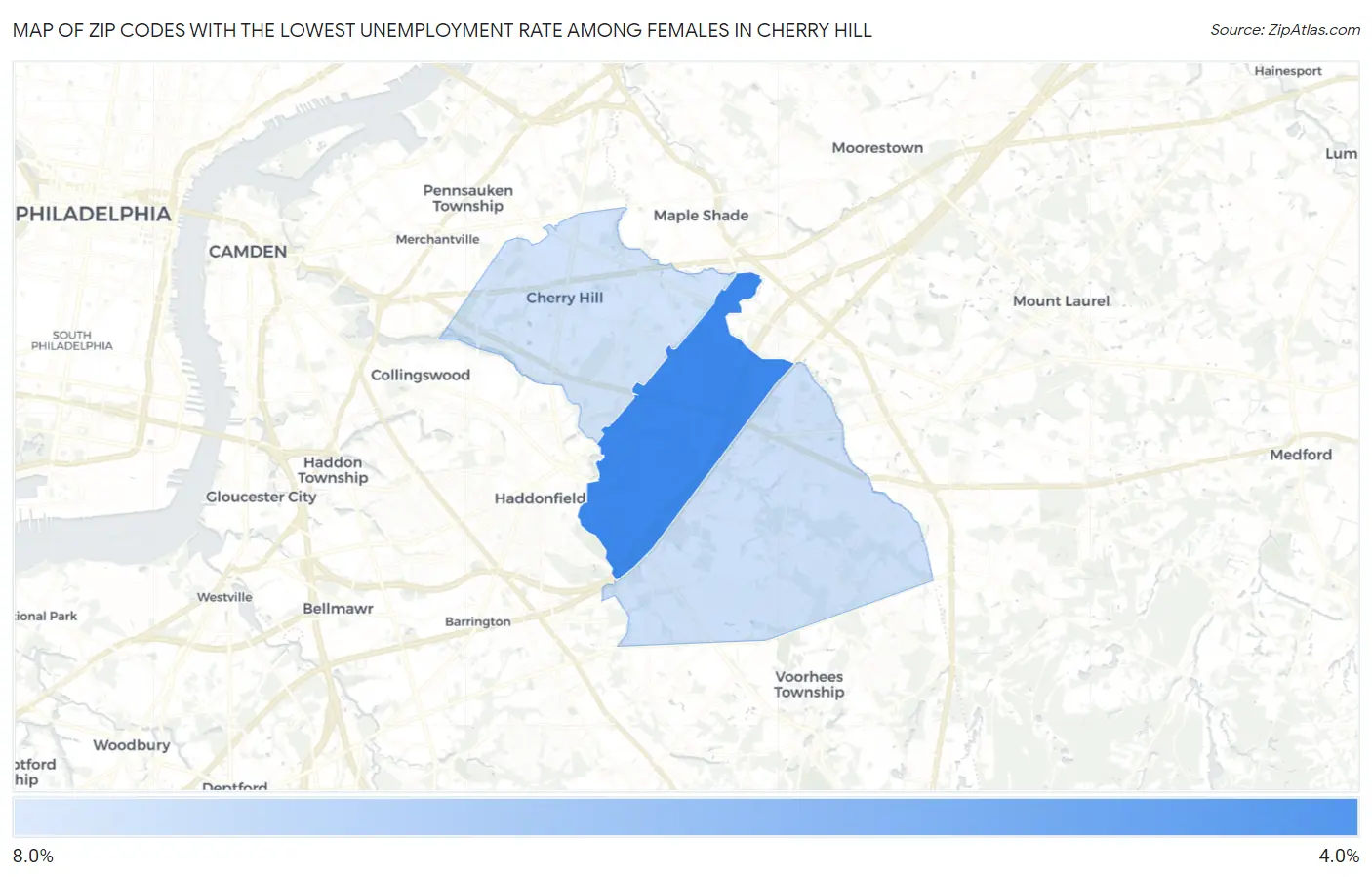 Zip Codes with the Lowest Unemployment Rate Among Females in Cherry Hill Map