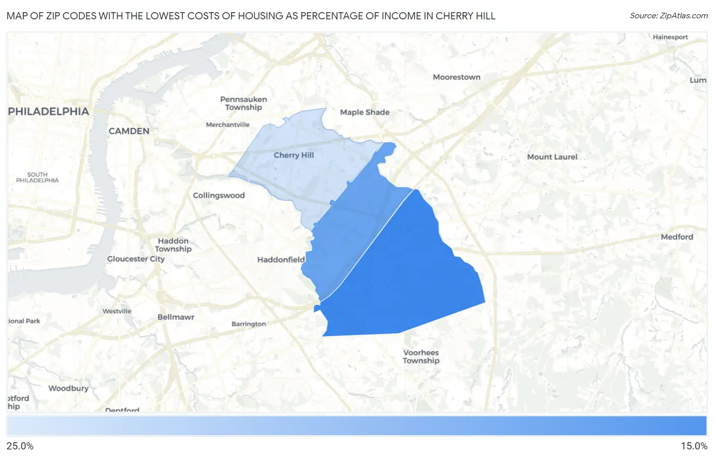 Zip Codes with the Lowest Costs of Housing as Percentage of Income in Cherry Hill Map