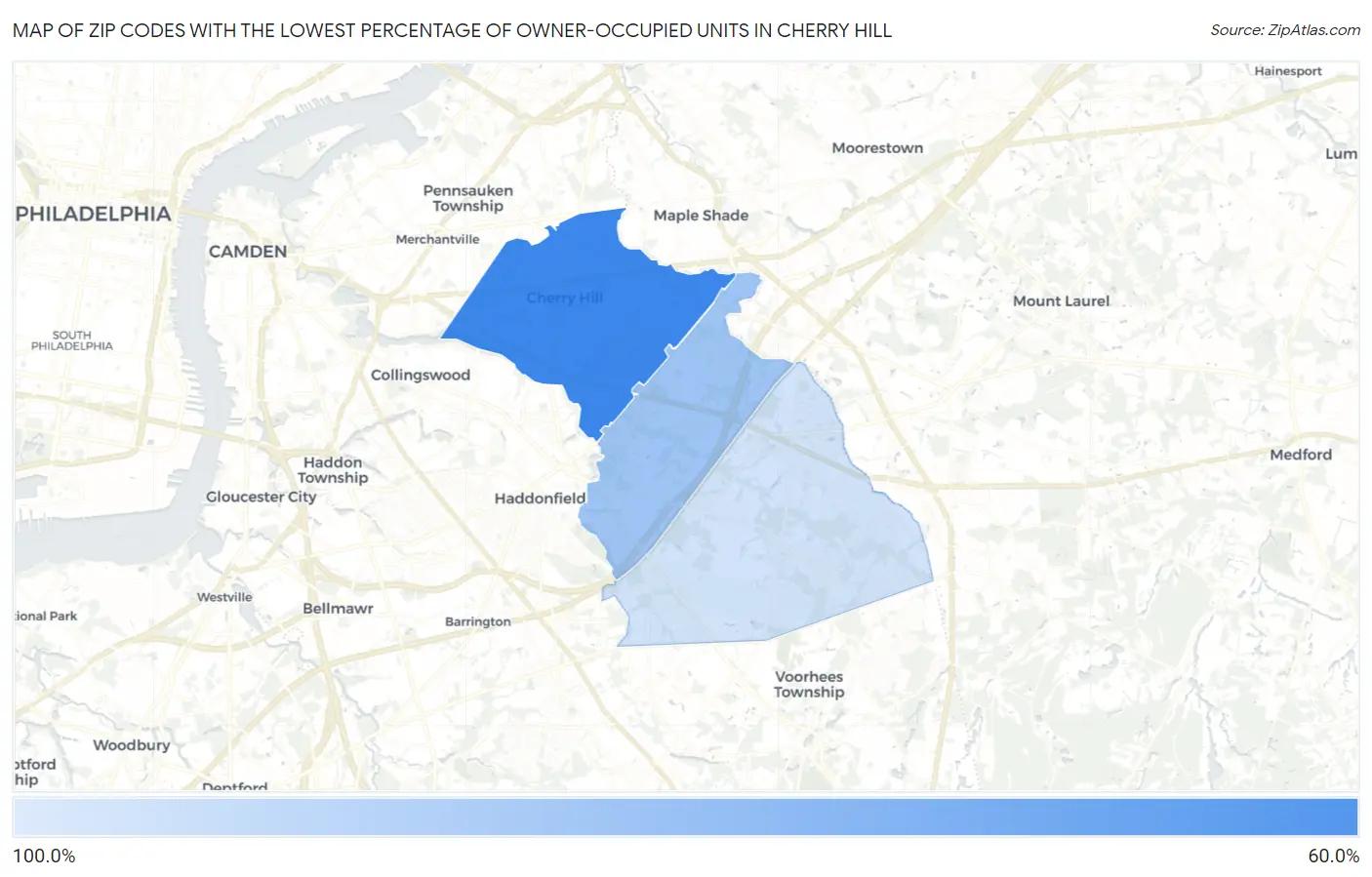 Zip Codes with the Lowest Percentage of Owner-Occupied Units in Cherry Hill Map