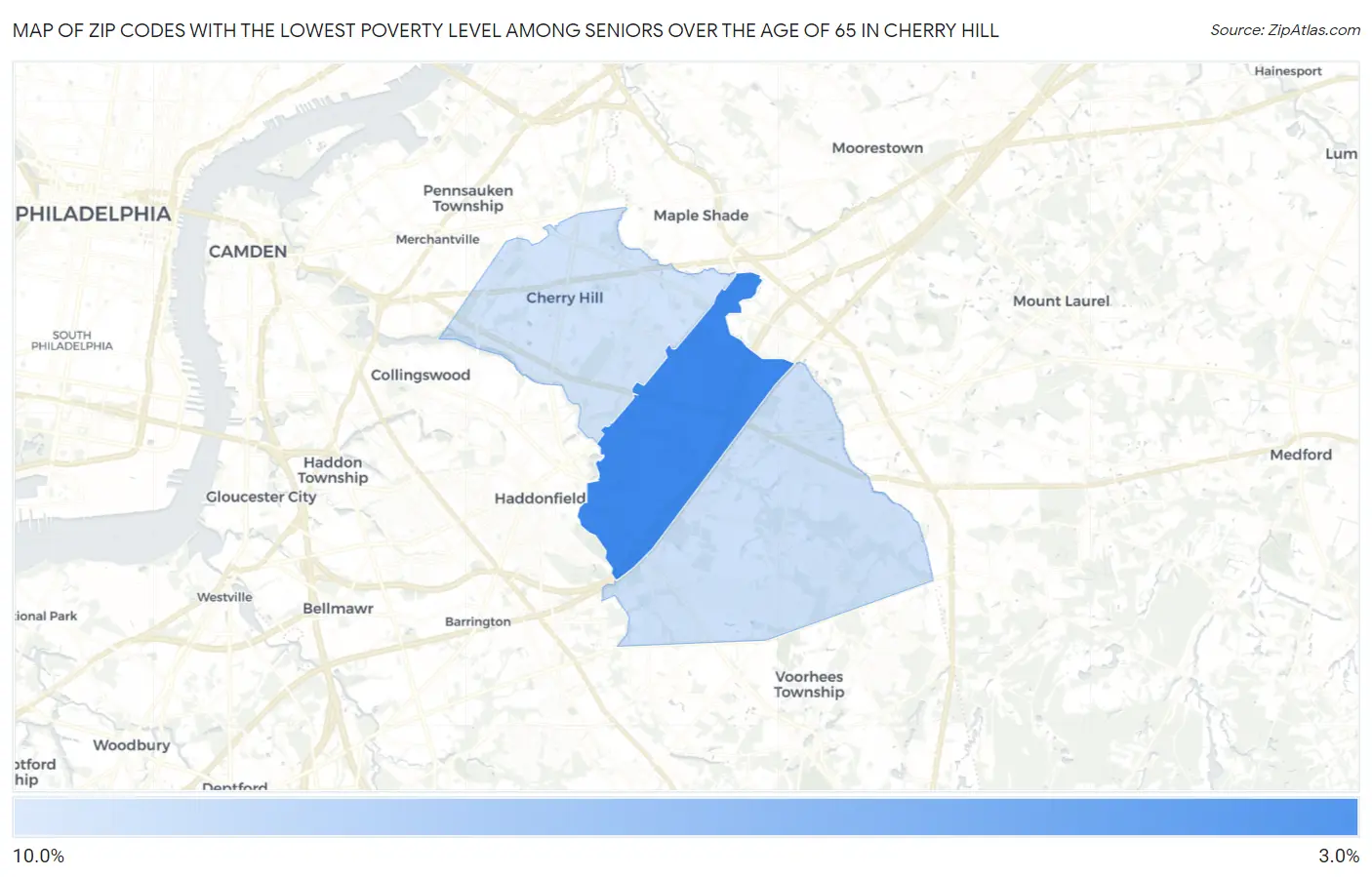 Zip Codes with the Lowest Poverty Level Among Seniors Over the Age of 65 in Cherry Hill Map