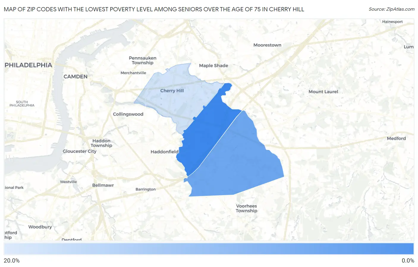 Zip Codes with the Lowest Poverty Level Among Seniors Over the Age of 75 in Cherry Hill Map