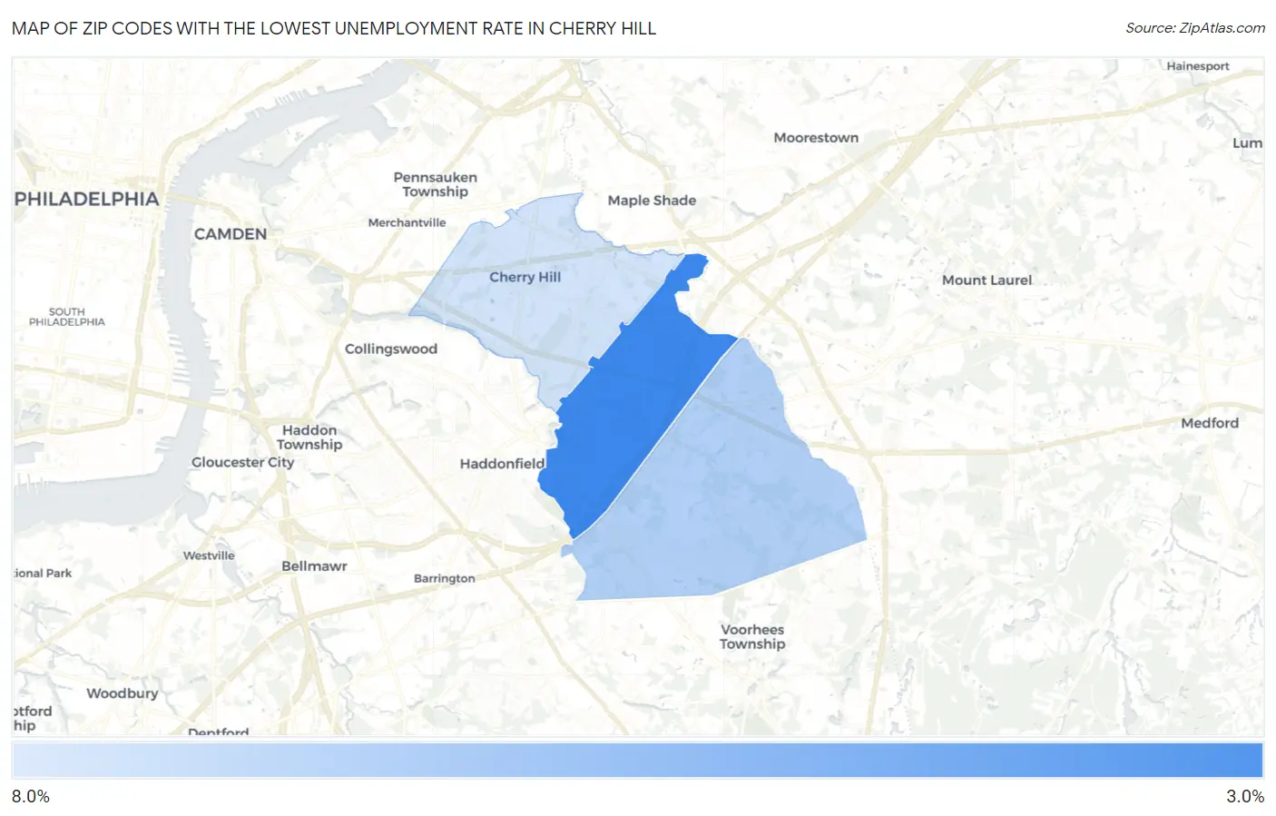 Zip Codes with the Lowest Unemployment Rate in Cherry Hill Map