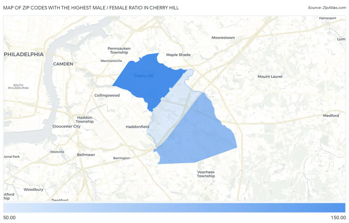 Zip Codes with the Highest Male / Female Ratio in Cherry Hill Map