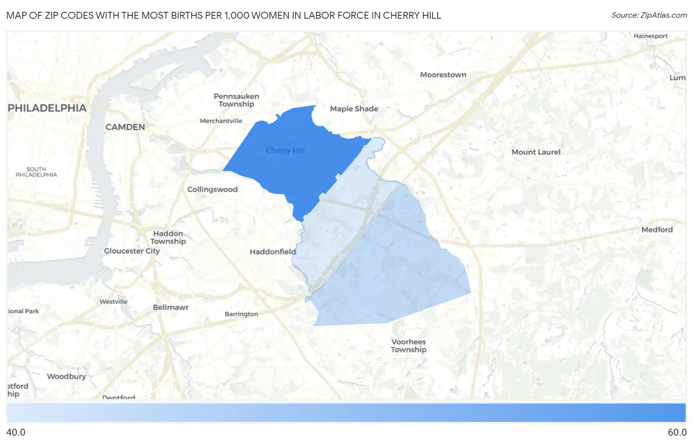 Zip Codes with the Most Births per 1,000 Women in Labor Force in Cherry Hill Map