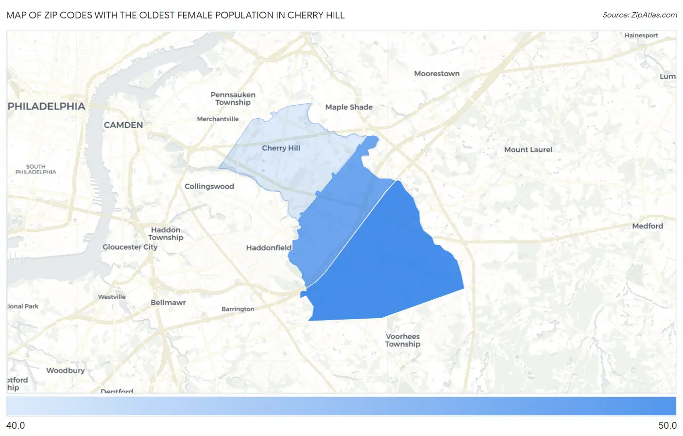 Zip Codes with the Oldest Female Population in Cherry Hill Map