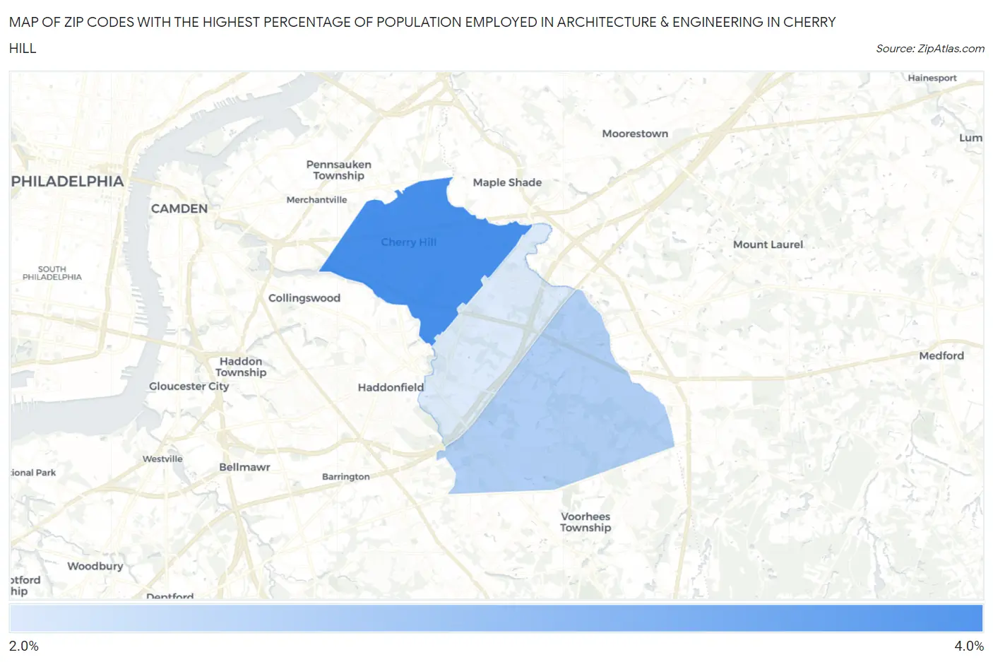 Zip Codes with the Highest Percentage of Population Employed in Architecture & Engineering in Cherry Hill Map