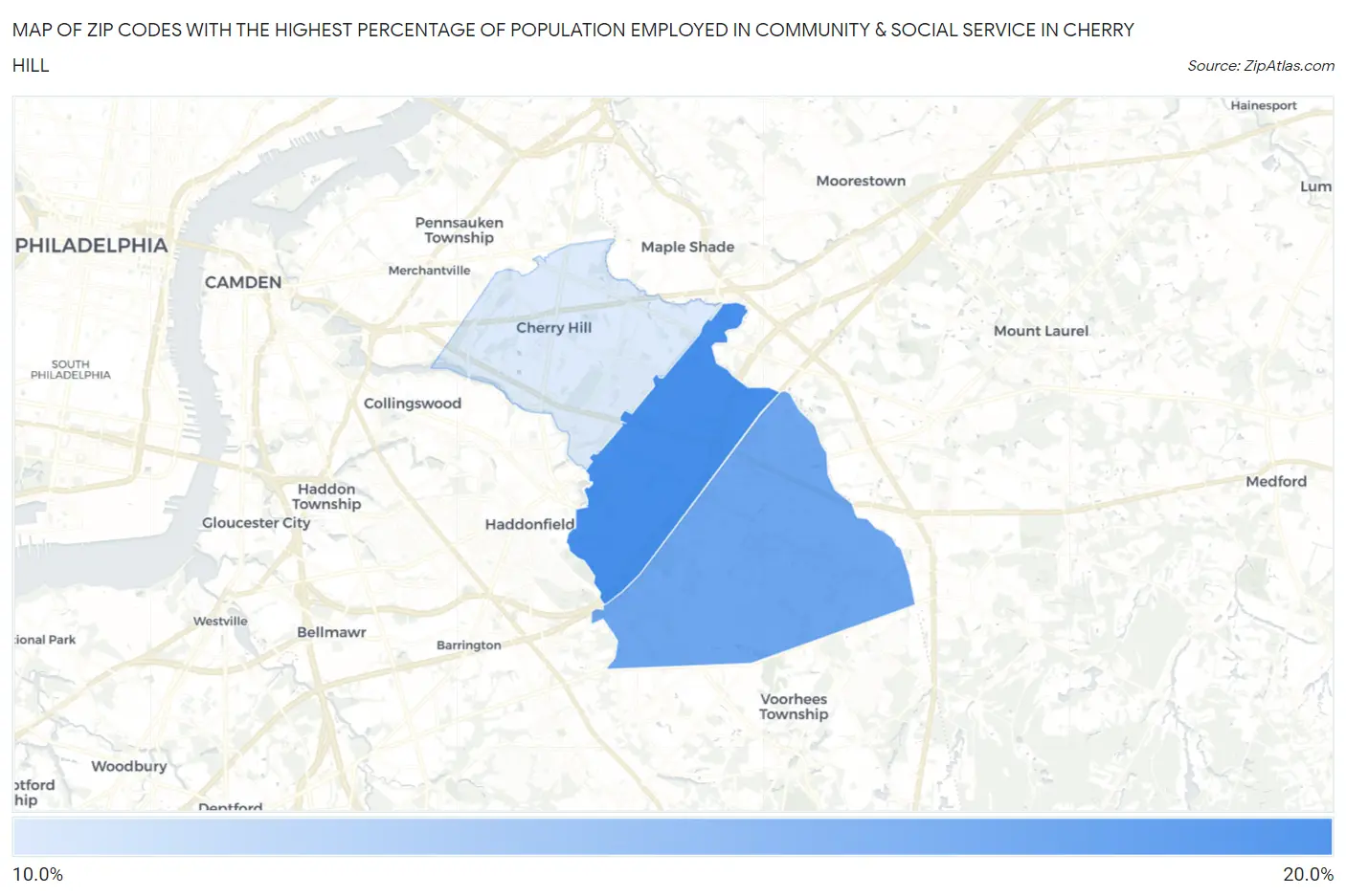 Zip Codes with the Highest Percentage of Population Employed in Community & Social Service  in Cherry Hill Map