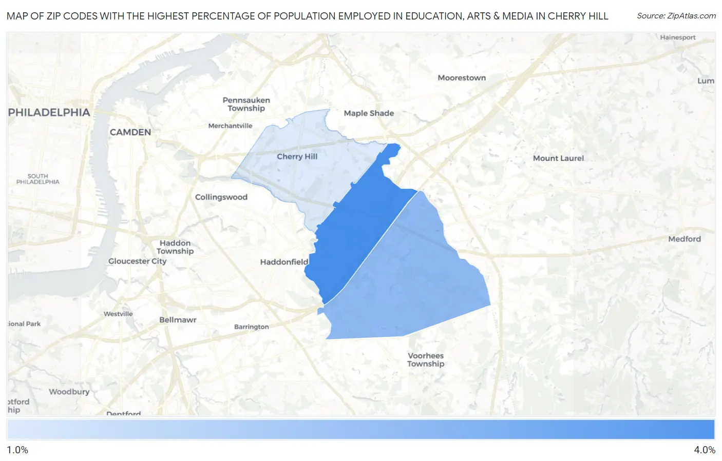 Zip Codes with the Highest Percentage of Population Employed in Education, Arts & Media in Cherry Hill Map