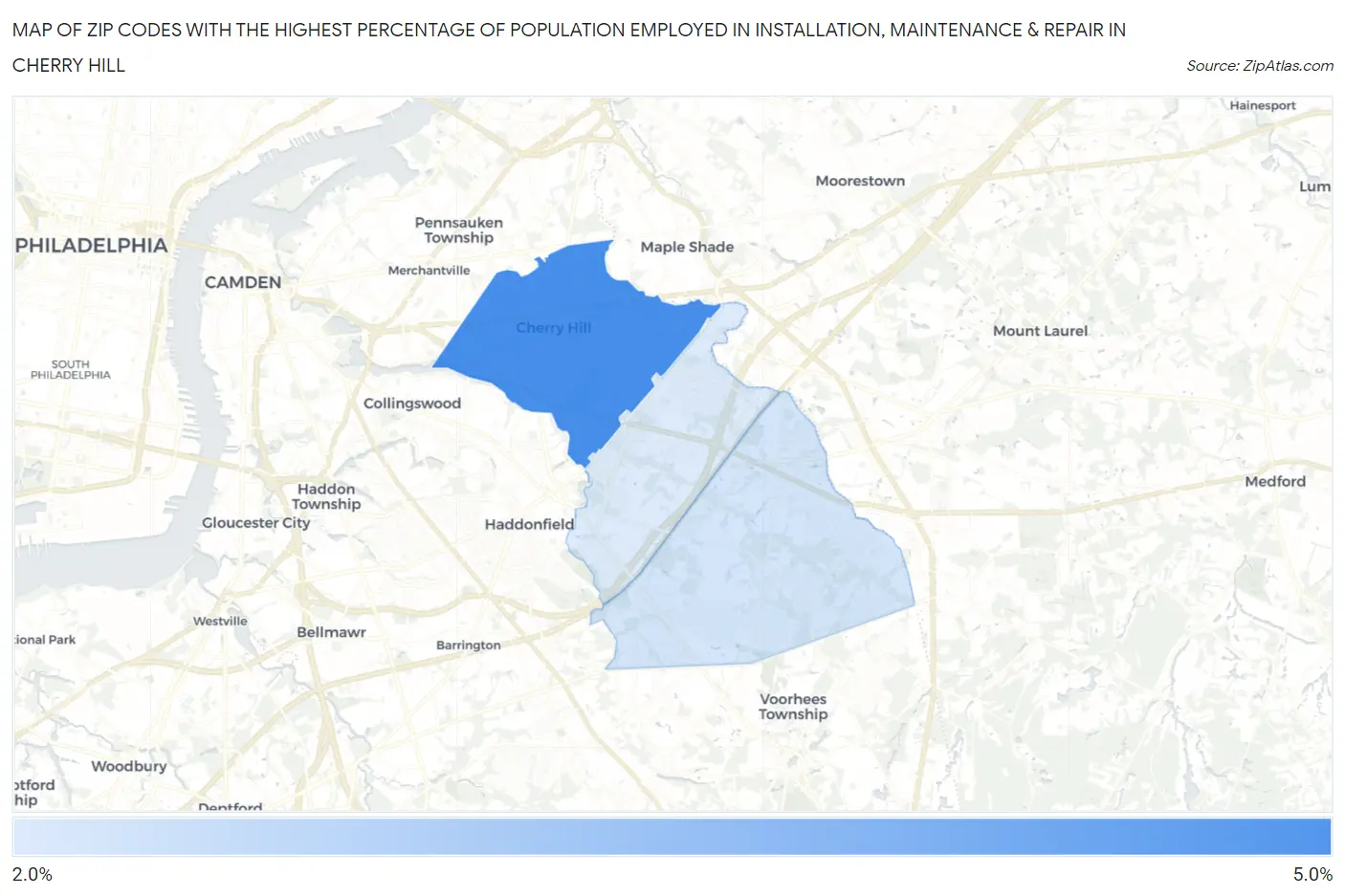 Zip Codes with the Highest Percentage of Population Employed in Installation, Maintenance & Repair in Cherry Hill Map