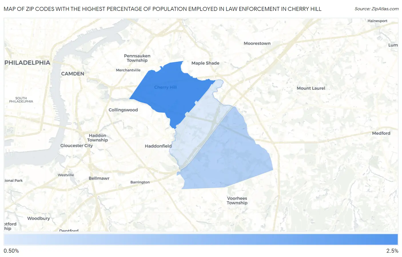 Zip Codes with the Highest Percentage of Population Employed in Law Enforcement in Cherry Hill Map