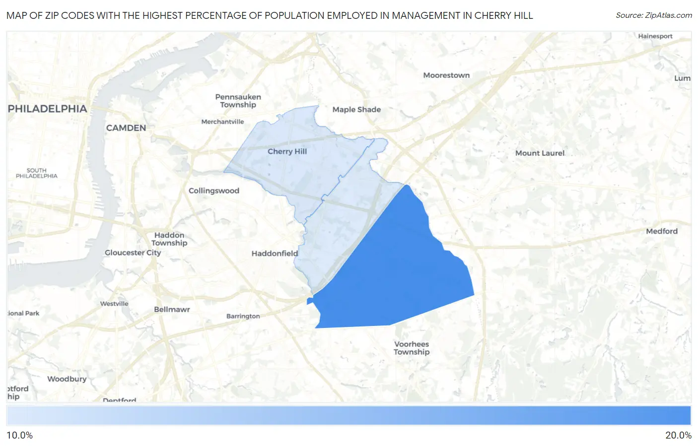Zip Codes with the Highest Percentage of Population Employed in Management in Cherry Hill Map