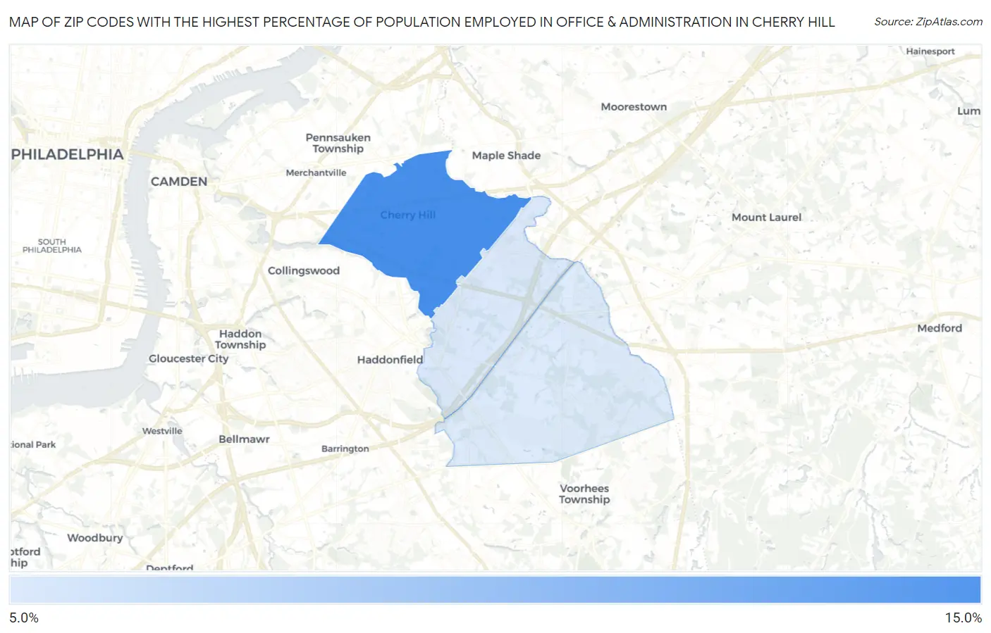 Zip Codes with the Highest Percentage of Population Employed in Office & Administration in Cherry Hill Map
