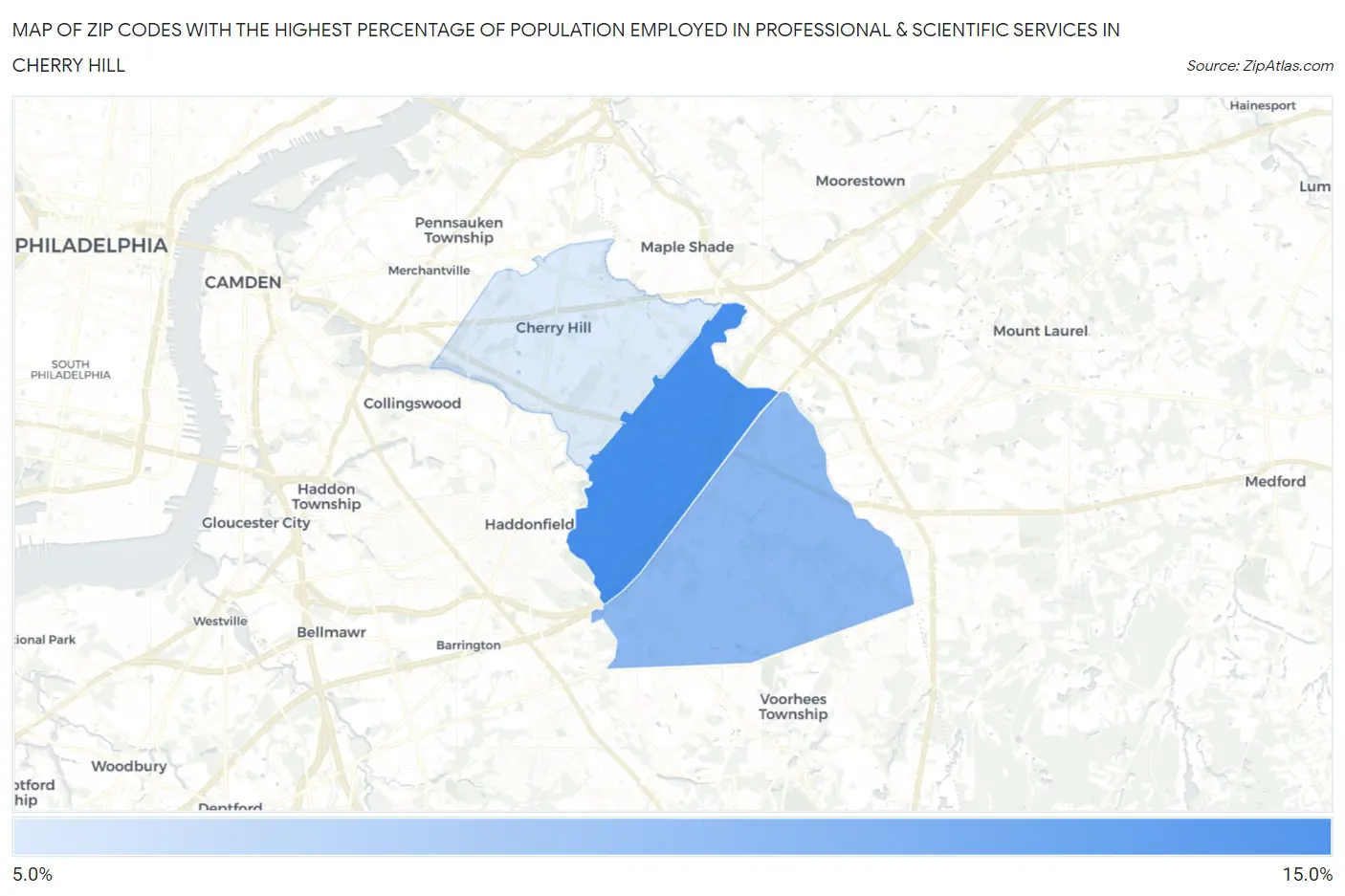 Zip Codes with the Highest Percentage of Population Employed in Professional & Scientific Services in Cherry Hill Map