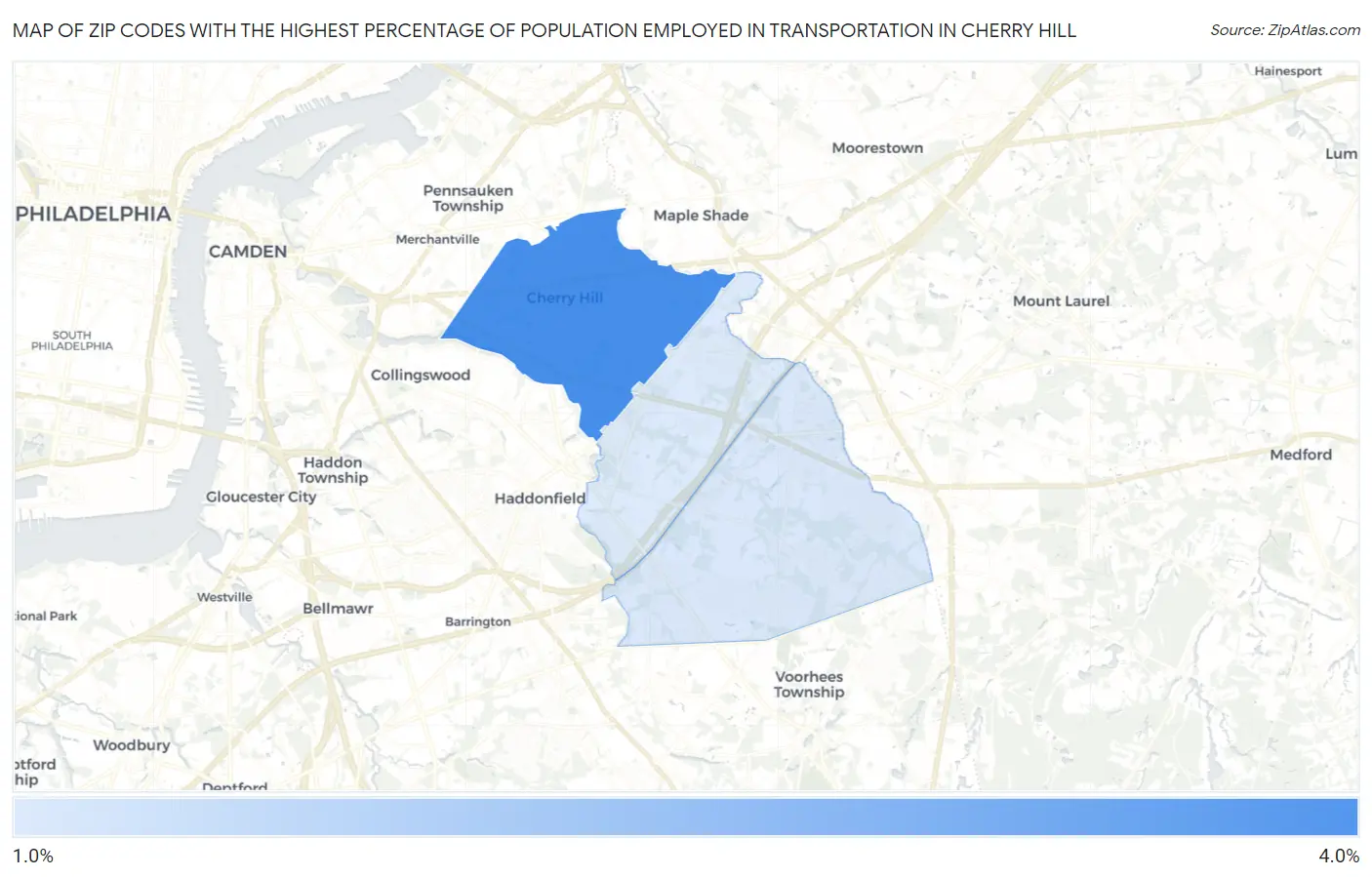 Zip Codes with the Highest Percentage of Population Employed in Transportation in Cherry Hill Map