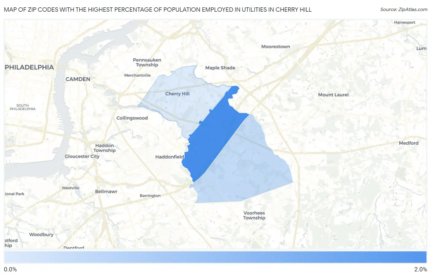 Zip Codes with the Highest Percentage of Population Employed in Utilities in Cherry Hill Map
