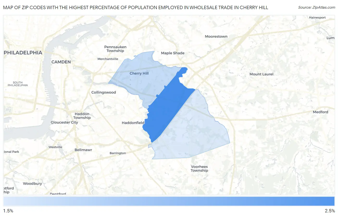 Zip Codes with the Highest Percentage of Population Employed in Wholesale Trade in Cherry Hill Map
