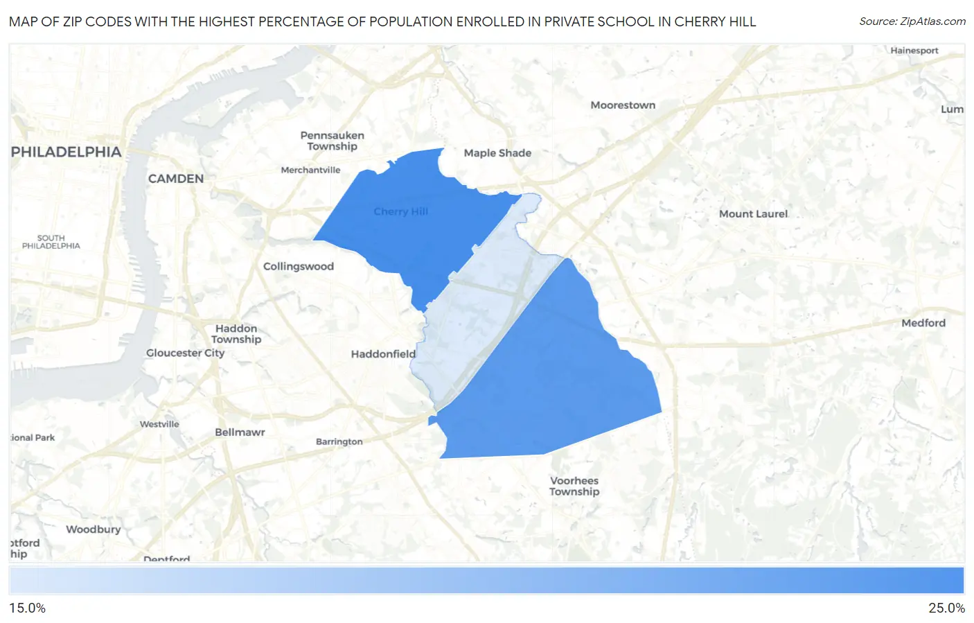 Zip Codes with the Highest Percentage of Population Enrolled in Private School in Cherry Hill Map