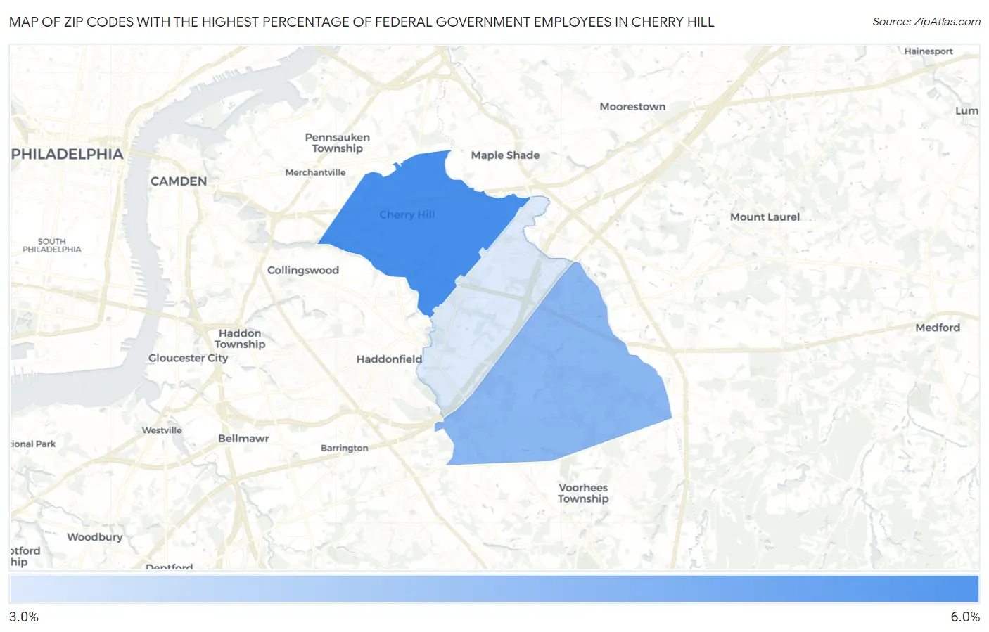Zip Codes with the Highest Percentage of Federal Government Employees in Cherry Hill Map