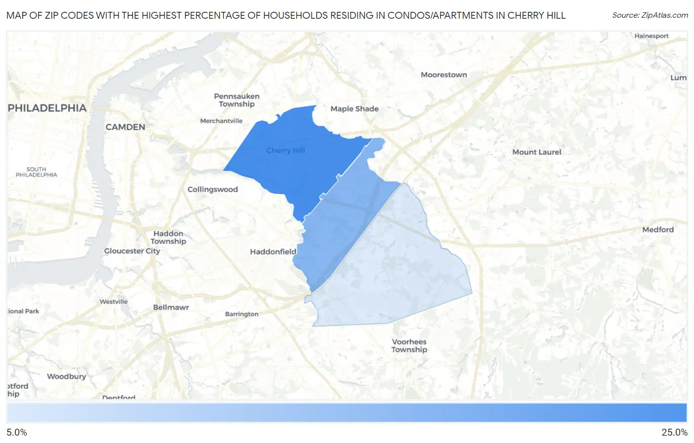 Zip Codes with the Highest Percentage of Households Residing in Condos/Apartments in Cherry Hill Map