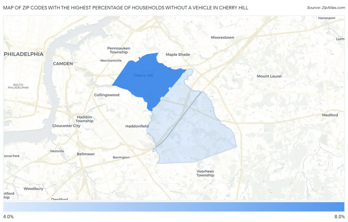 Zip Codes with the Highest Percentage of Households Without a Vehicle in Cherry Hill Map