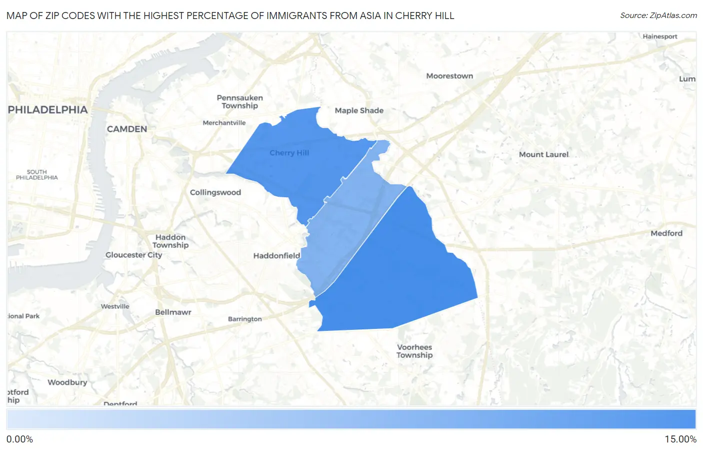 Zip Codes with the Highest Percentage of Immigrants from Asia in Cherry Hill Map
