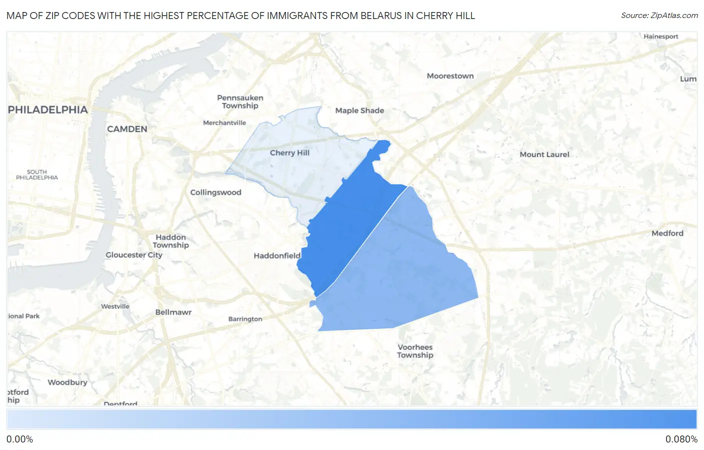Zip Codes with the Highest Percentage of Immigrants from Belarus in Cherry Hill Map