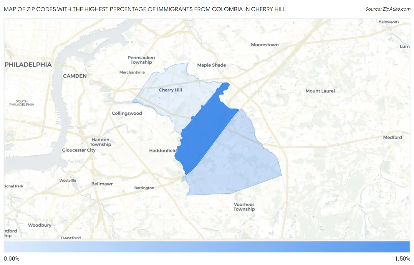 Zip Codes with the Highest Percentage of Immigrants from Colombia in Cherry Hill Map