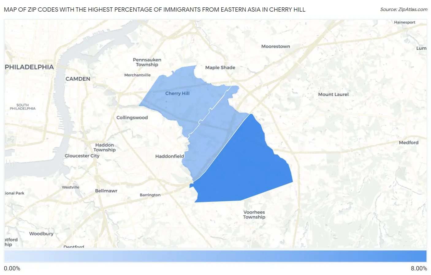 Zip Codes with the Highest Percentage of Immigrants from Eastern Asia in Cherry Hill Map