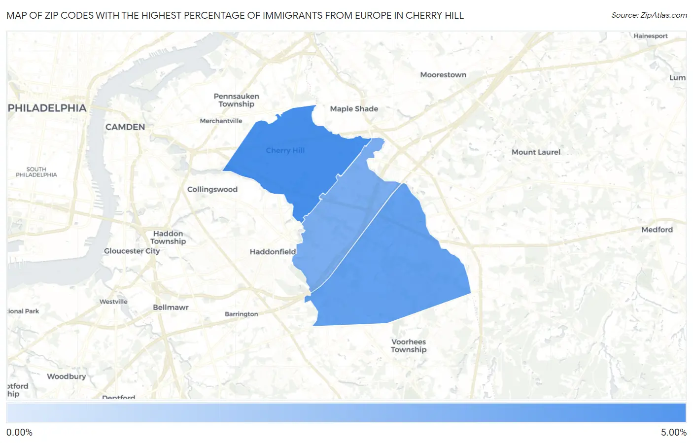 Zip Codes with the Highest Percentage of Immigrants from Europe in Cherry Hill Map