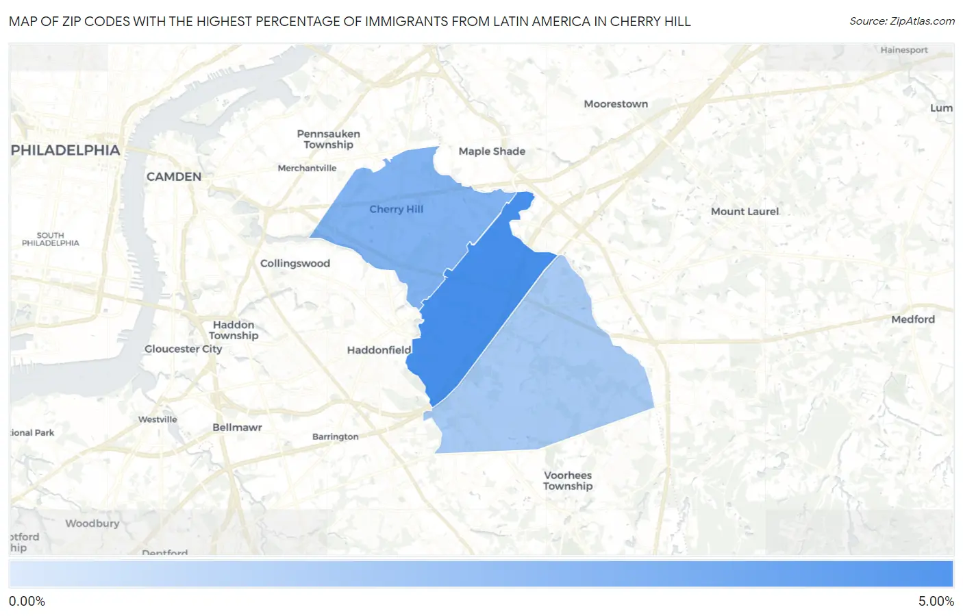 Zip Codes with the Highest Percentage of Immigrants from Latin America in Cherry Hill Map