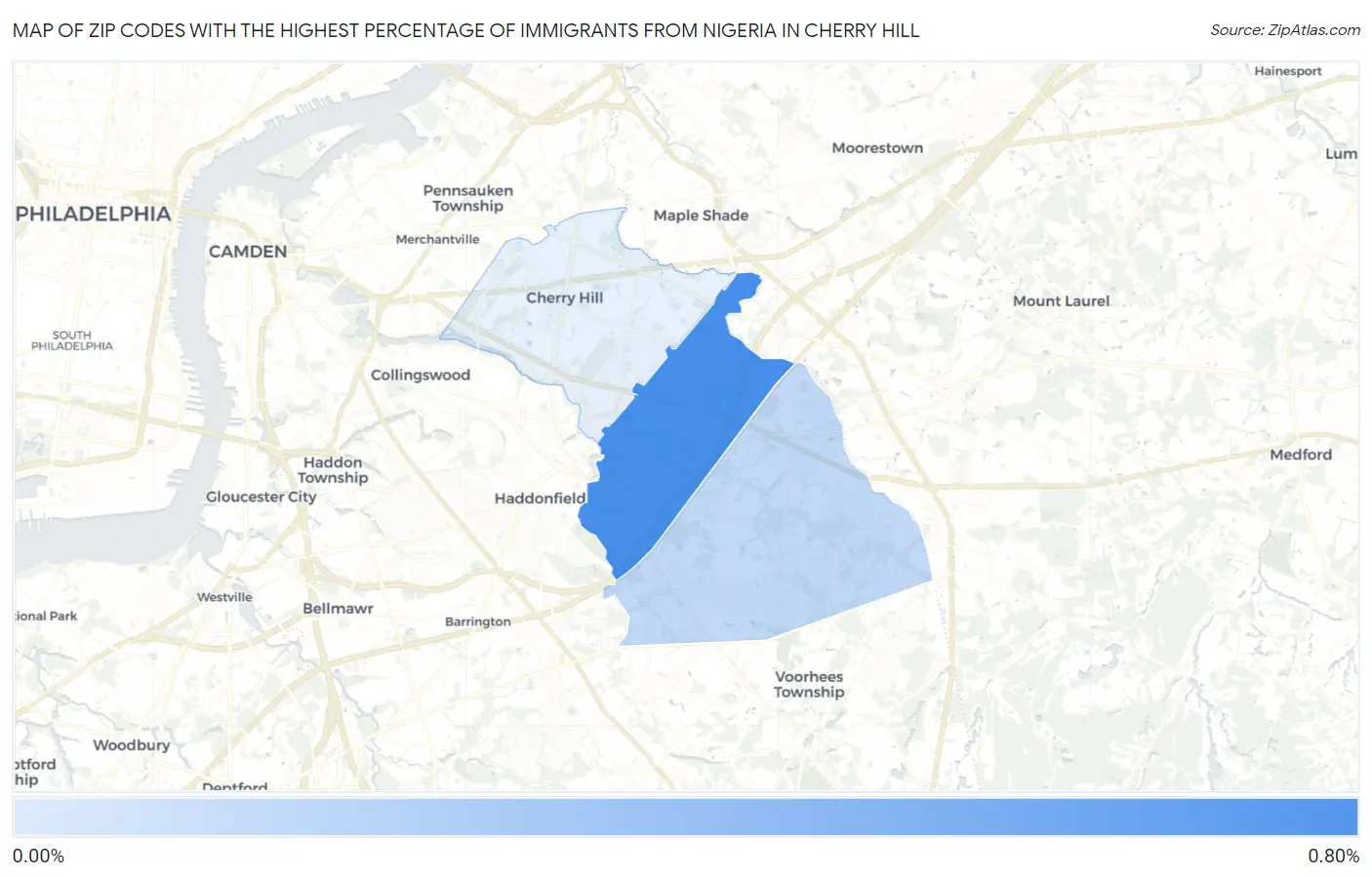 Zip Codes with the Highest Percentage of Immigrants from Nigeria in Cherry Hill Map