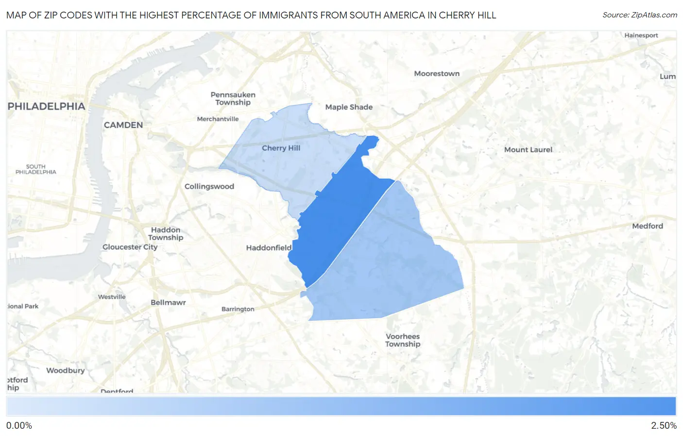 Zip Codes with the Highest Percentage of Immigrants from South America in Cherry Hill Map