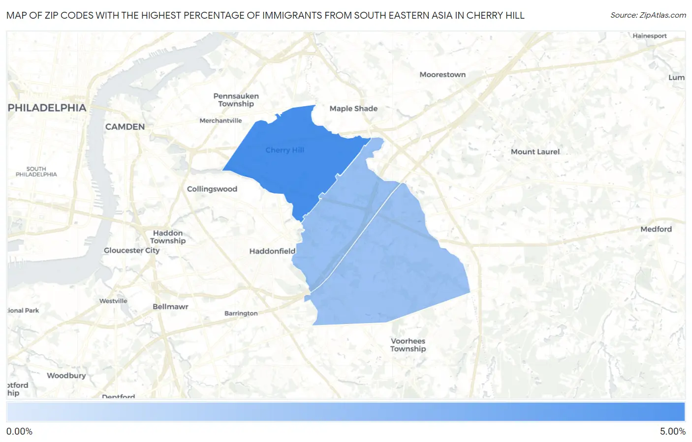 Zip Codes with the Highest Percentage of Immigrants from South Eastern Asia in Cherry Hill Map