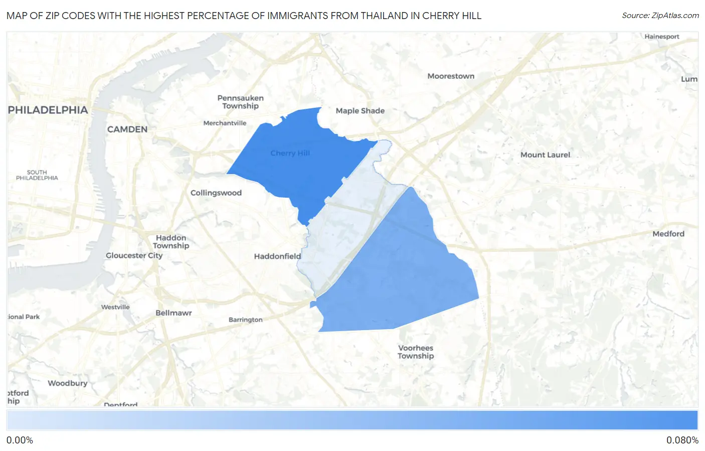Zip Codes with the Highest Percentage of Immigrants from Thailand in Cherry Hill Map