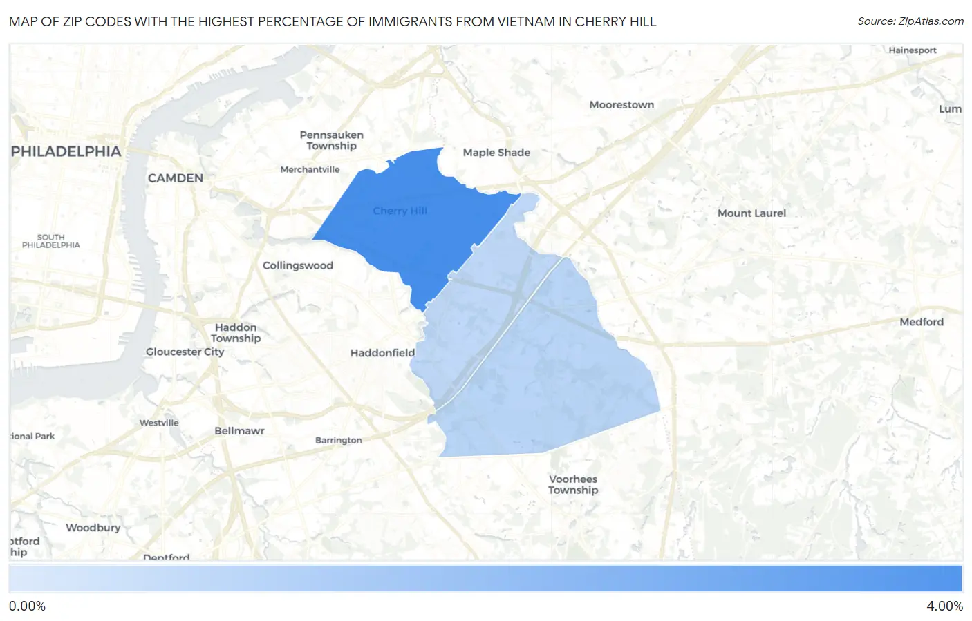 Zip Codes with the Highest Percentage of Immigrants from Vietnam in Cherry Hill Map