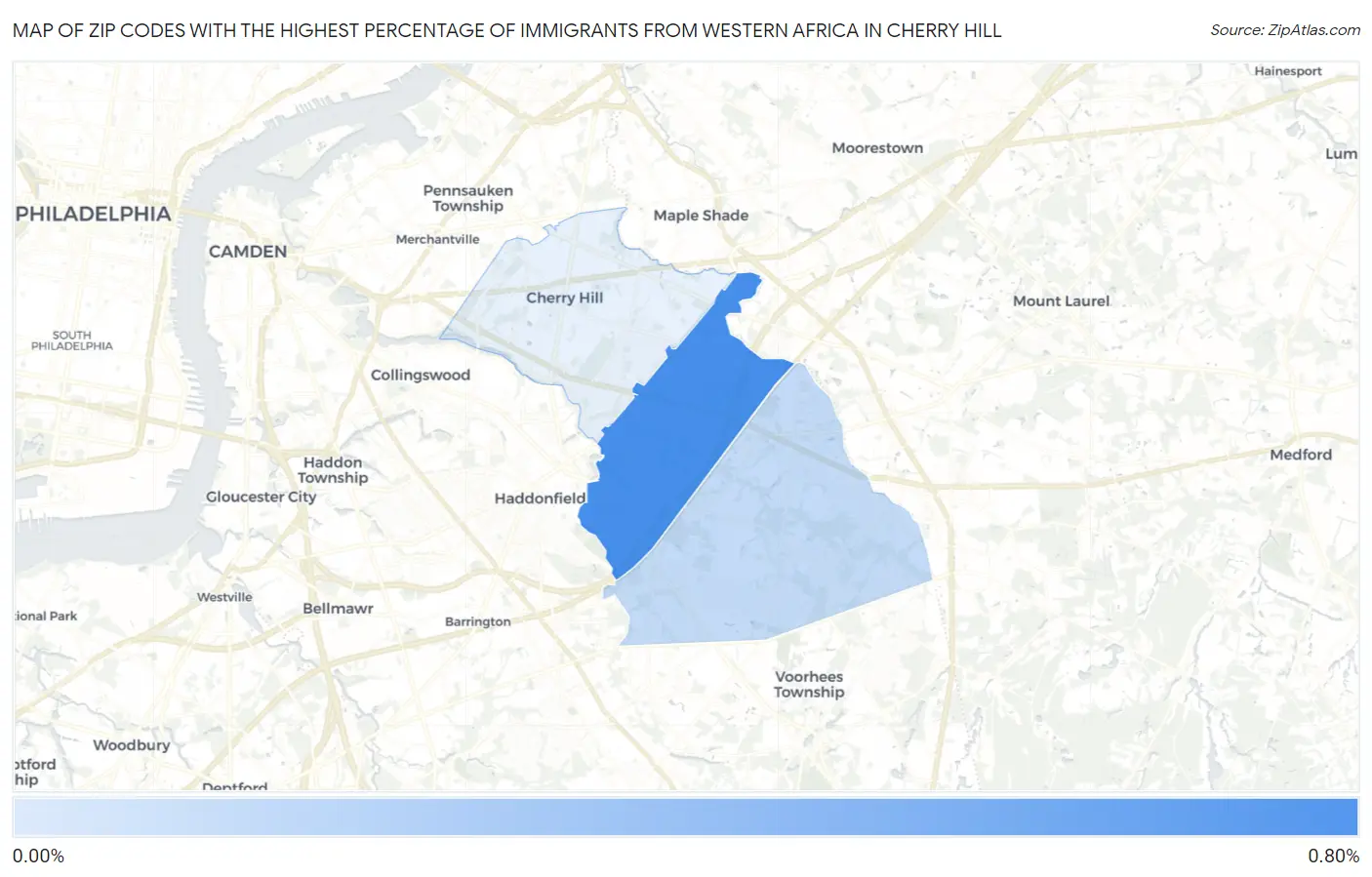 Zip Codes with the Highest Percentage of Immigrants from Western Africa in Cherry Hill Map