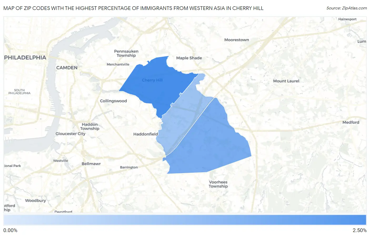 Zip Codes with the Highest Percentage of Immigrants from Western Asia in Cherry Hill Map