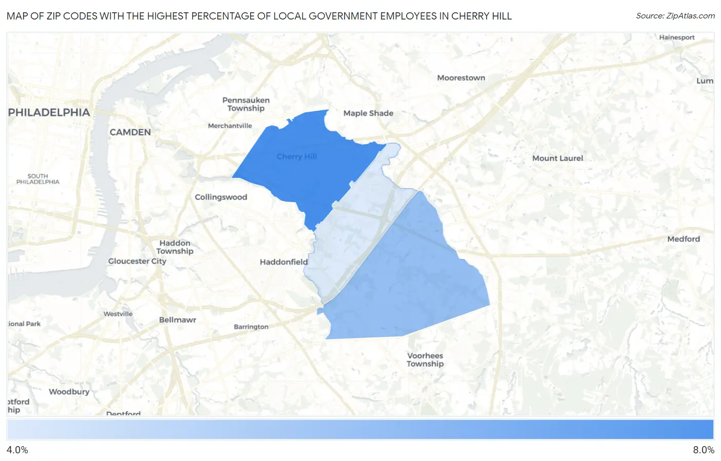 Zip Codes with the Highest Percentage of Local Government Employees in Cherry Hill Map