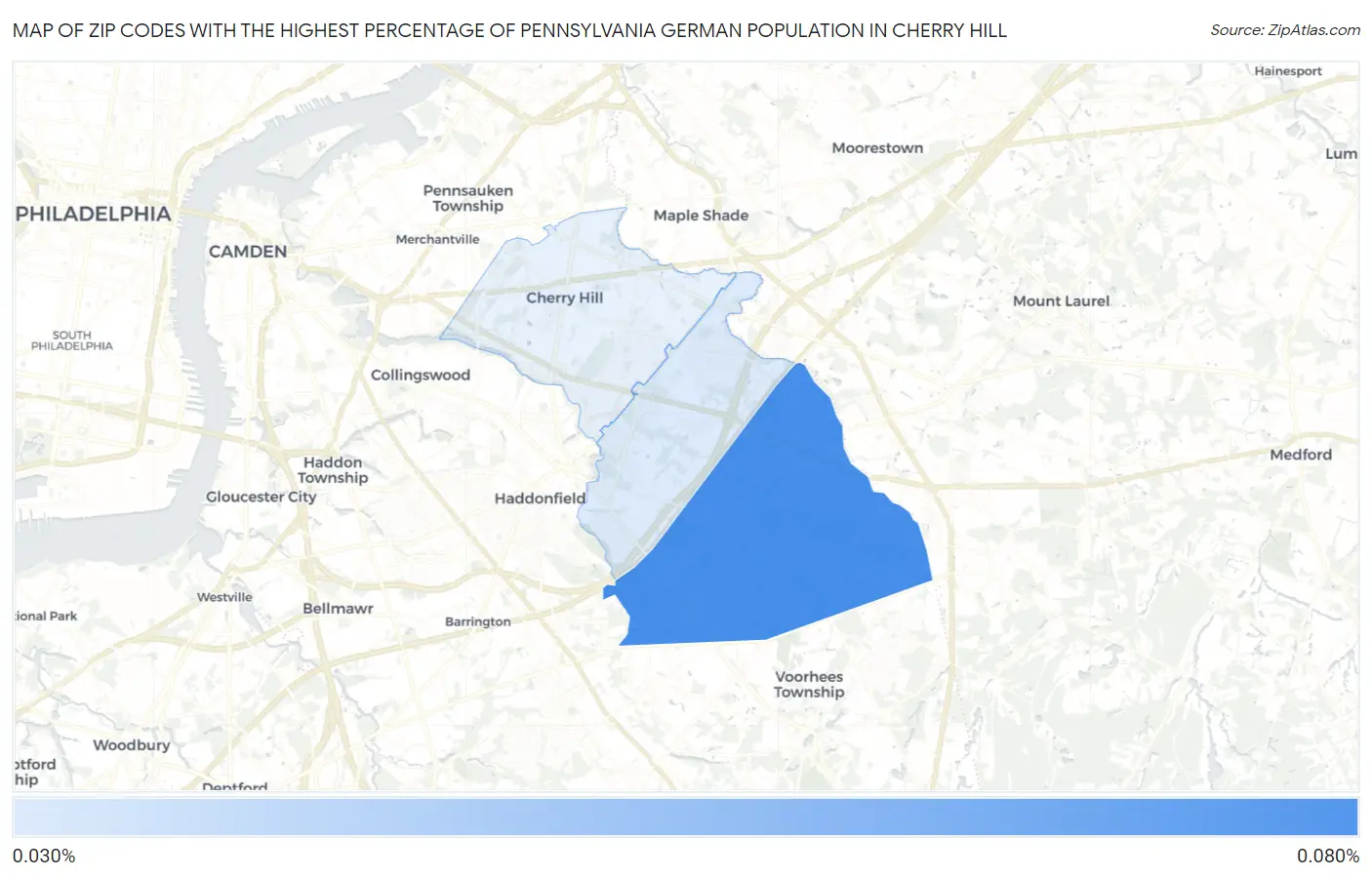 Zip Codes with the Highest Percentage of Pennsylvania German Population in Cherry Hill Map
