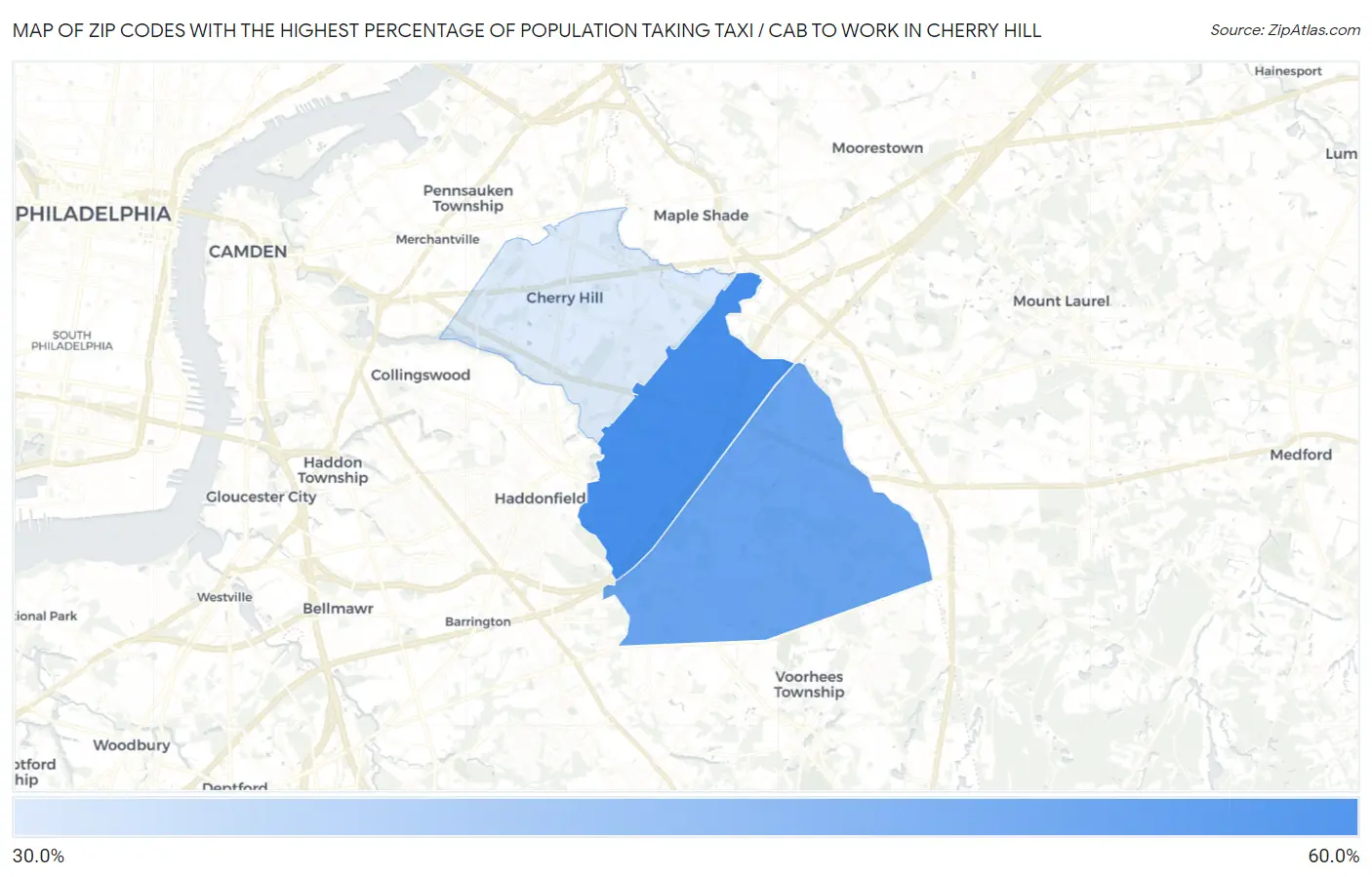 Zip Codes with the Highest Percentage of Population Taking Taxi / Cab to Work in Cherry Hill Map