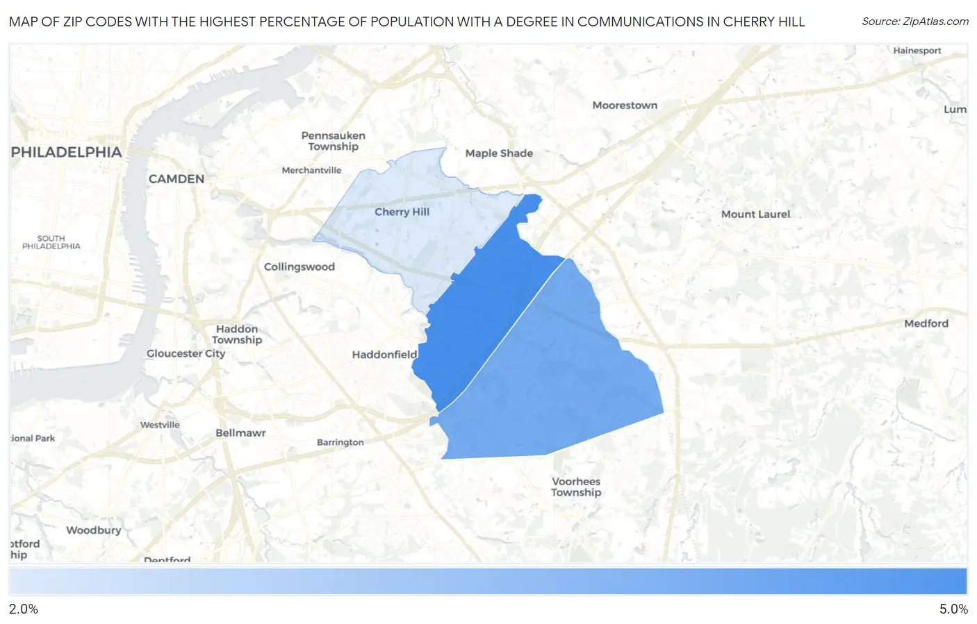 Zip Codes with the Highest Percentage of Population with a Degree in Communications in Cherry Hill Map