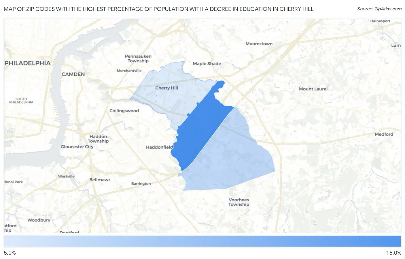 Zip Codes with the Highest Percentage of Population with a Degree in Education in Cherry Hill Map