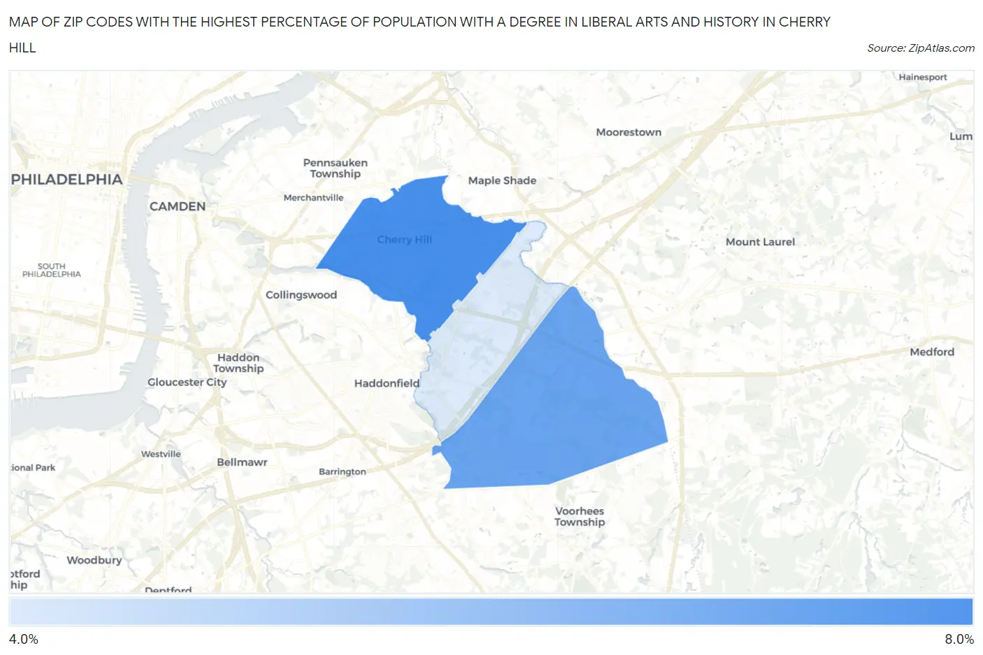 Zip Codes with the Highest Percentage of Population with a Degree in Liberal Arts and History in Cherry Hill Map