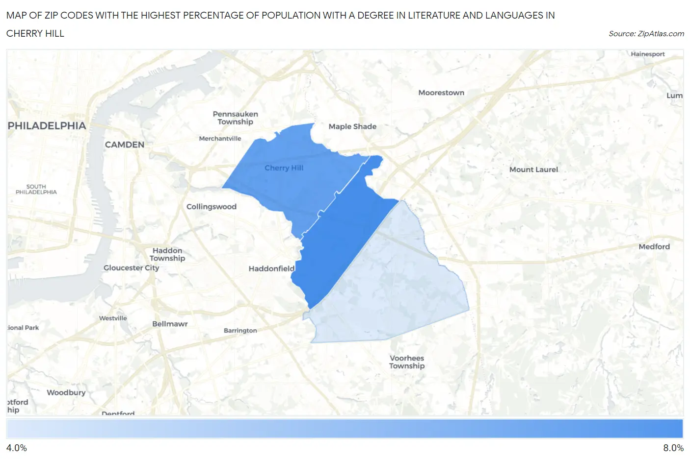 Zip Codes with the Highest Percentage of Population with a Degree in Literature and Languages in Cherry Hill Map