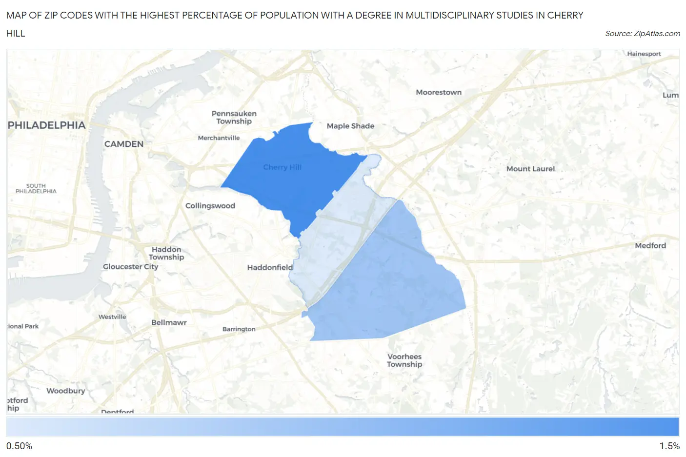 Zip Codes with the Highest Percentage of Population with a Degree in Multidisciplinary Studies in Cherry Hill Map