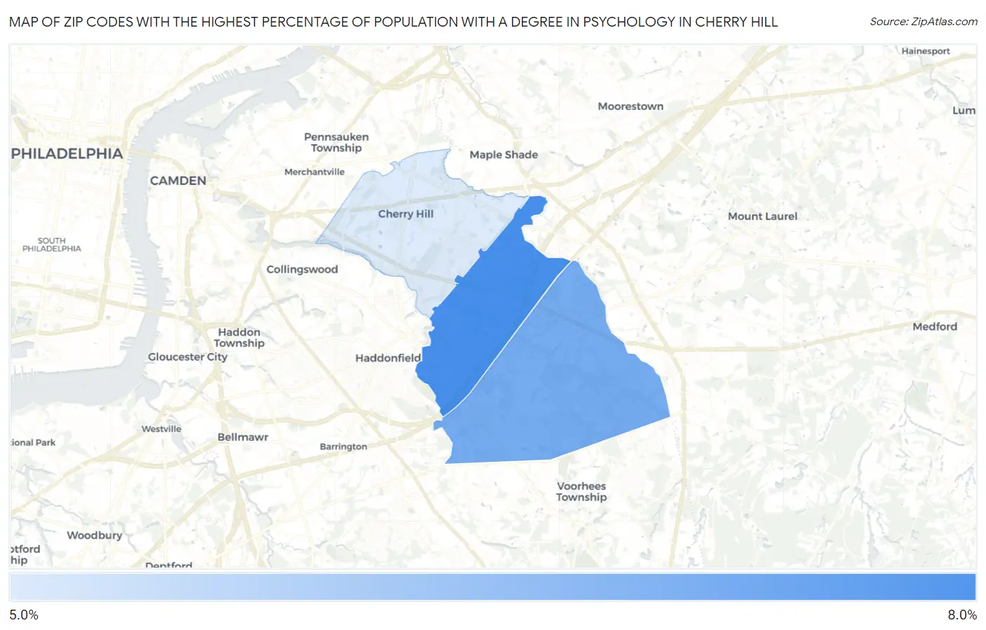 Zip Codes with the Highest Percentage of Population with a Degree in Psychology in Cherry Hill Map