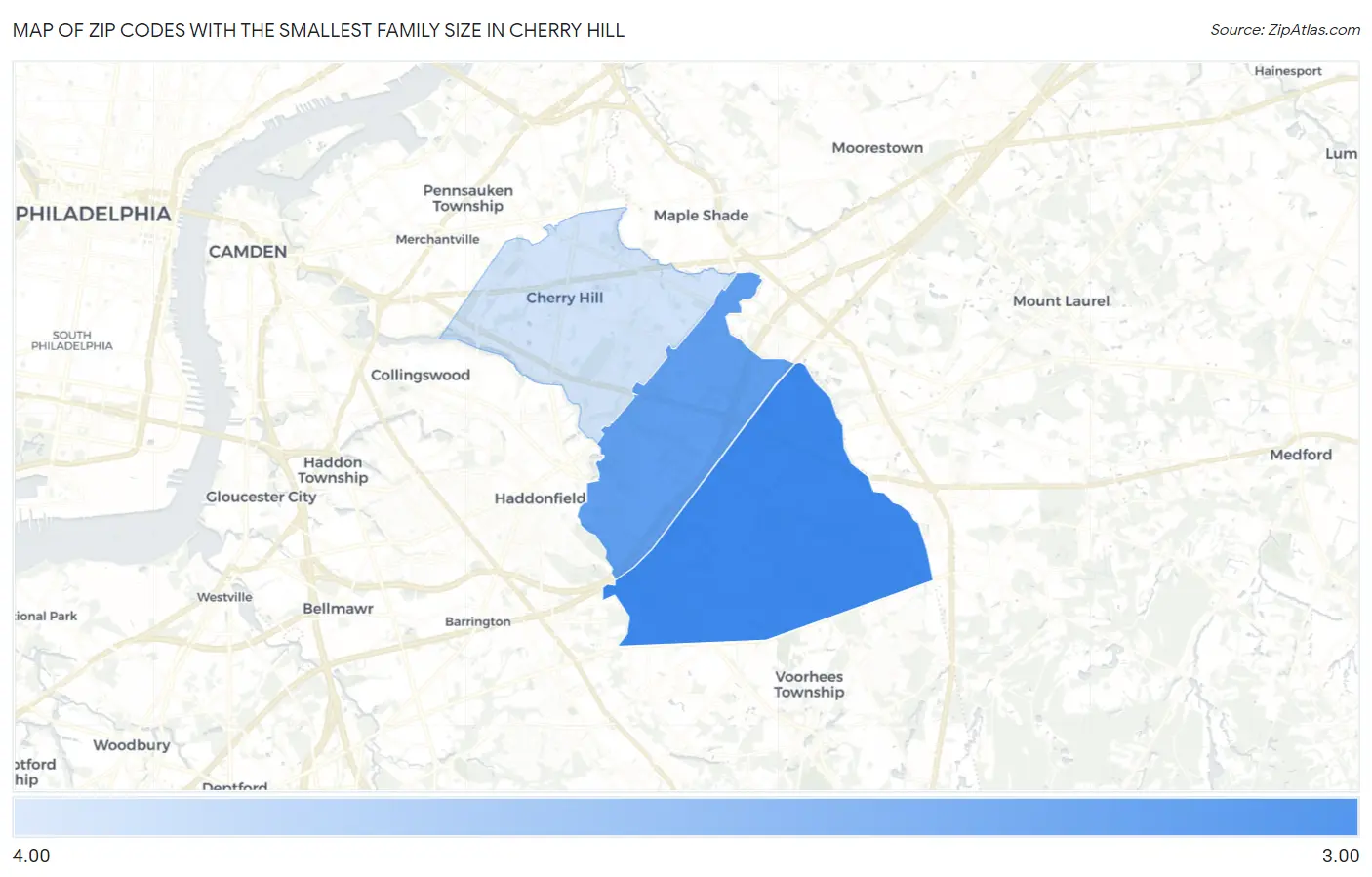 Zip Codes with the Smallest Family Size in Cherry Hill Map