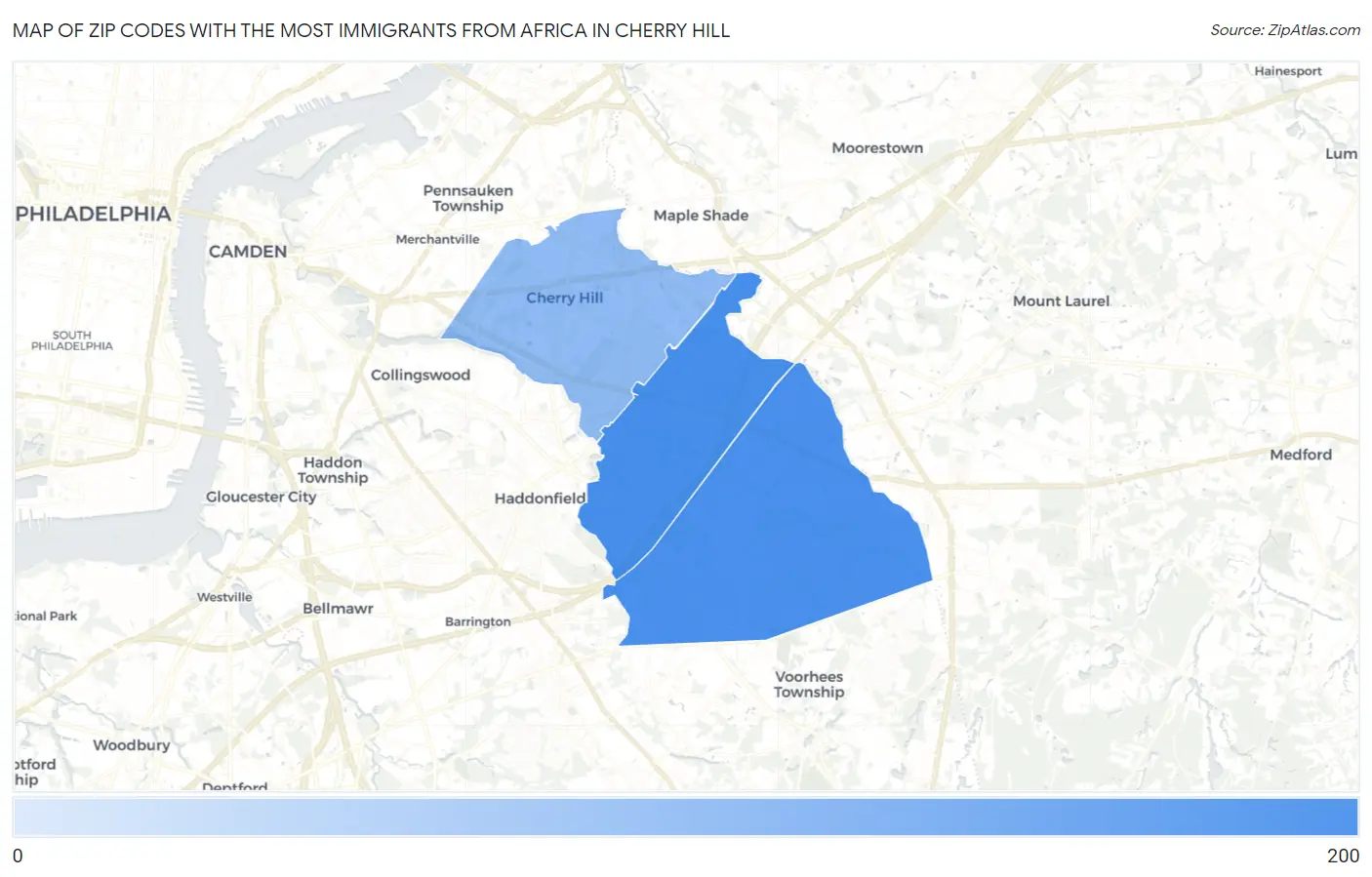 Zip Codes with the Most Immigrants from Africa in Cherry Hill Map