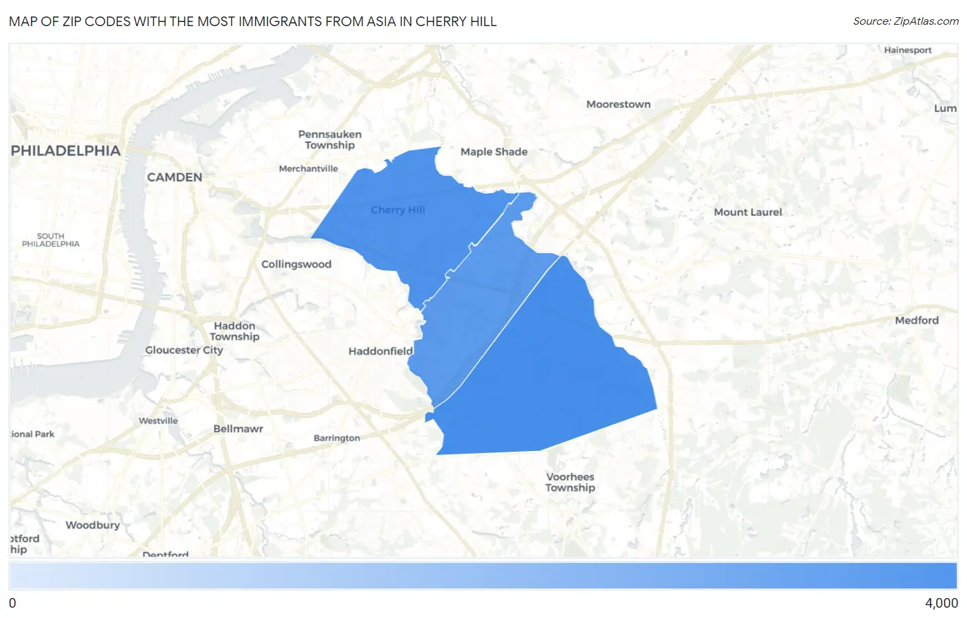 Zip Codes with the Most Immigrants from Asia in Cherry Hill Map